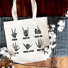Load image into Gallery viewer, Skeleton Sign Language | Halloween Tote Bag | Gift Bag | Cotton Canvas Tote Bag