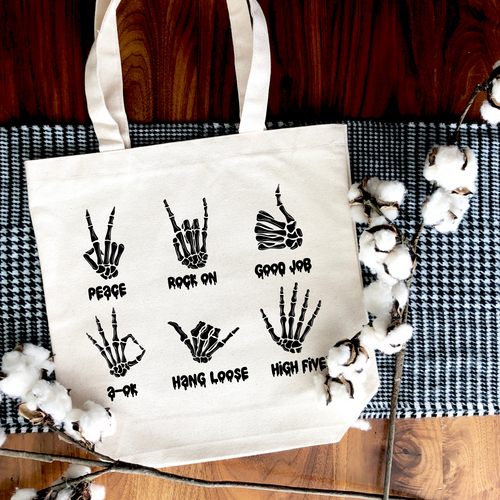 Skeleton Sign Language | Halloween Tote Bag | Gift Bag | Cotton Canvas Tote Bag