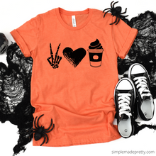 Load image into Gallery viewer, Skeleton Peace Sign | Pumpkin Spice Shirt | Halloween Short Sleeve T-Shirt | Halloween Tee | Women&#39;s Tee | Woman&#39;s Shirt | T-Shirt | Tees