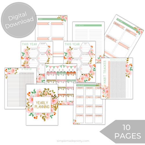 Floral Yearly Planner Sheets - Printable Planner, Pretty Planner, Pretty Journal, Floral Day Planner, Pretty Day Planner - Digital Download