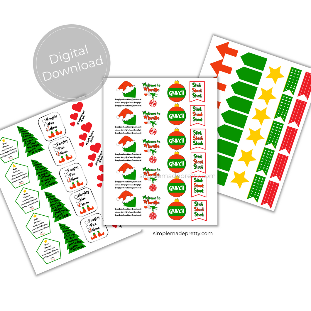 Grinch Planner Stickers - Grinch Theme Stickers, Grinchmas Stickers, Digital Stickers - Christmas Stickers - PDF