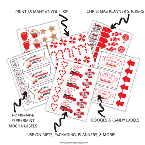 Christmas Planner Stickers - Peppermint Theme Stickers, Candy Cane Stickers, Digital Stickers - Christmas Stickers - PDF