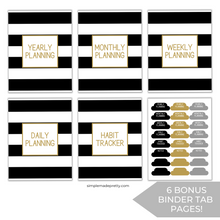 Load image into Gallery viewer, Black and Gold Day Planner - Printable Planner, Pretty Planner, Pretty Journal, Striped Day Planner, 2023 Planner - Digital Download