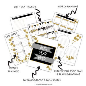 Black and Gold Day Planner - Printable Planner, Pretty Planner, Pretty Journal, Striped Day Planner, 2023 Planner - Digital Download